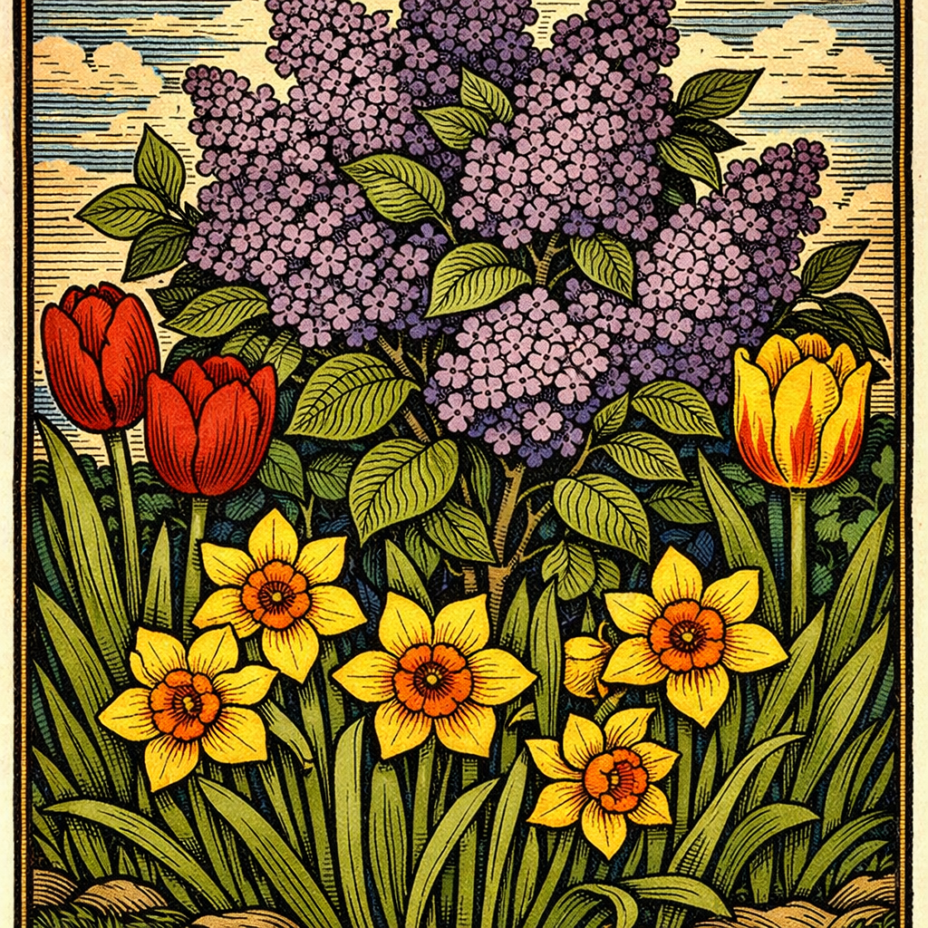 Illustration of yellow daffodils, red and yellow tulips, and purple lilac flowers with green leaves