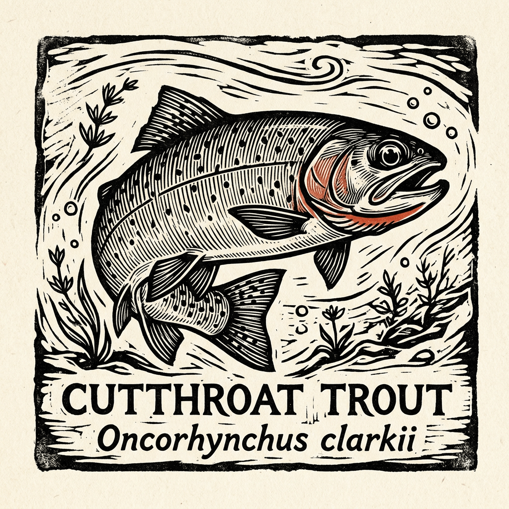 Illustration of a cutthroat trout with the text Cutthroat Trout Oncorhynchus clarkii