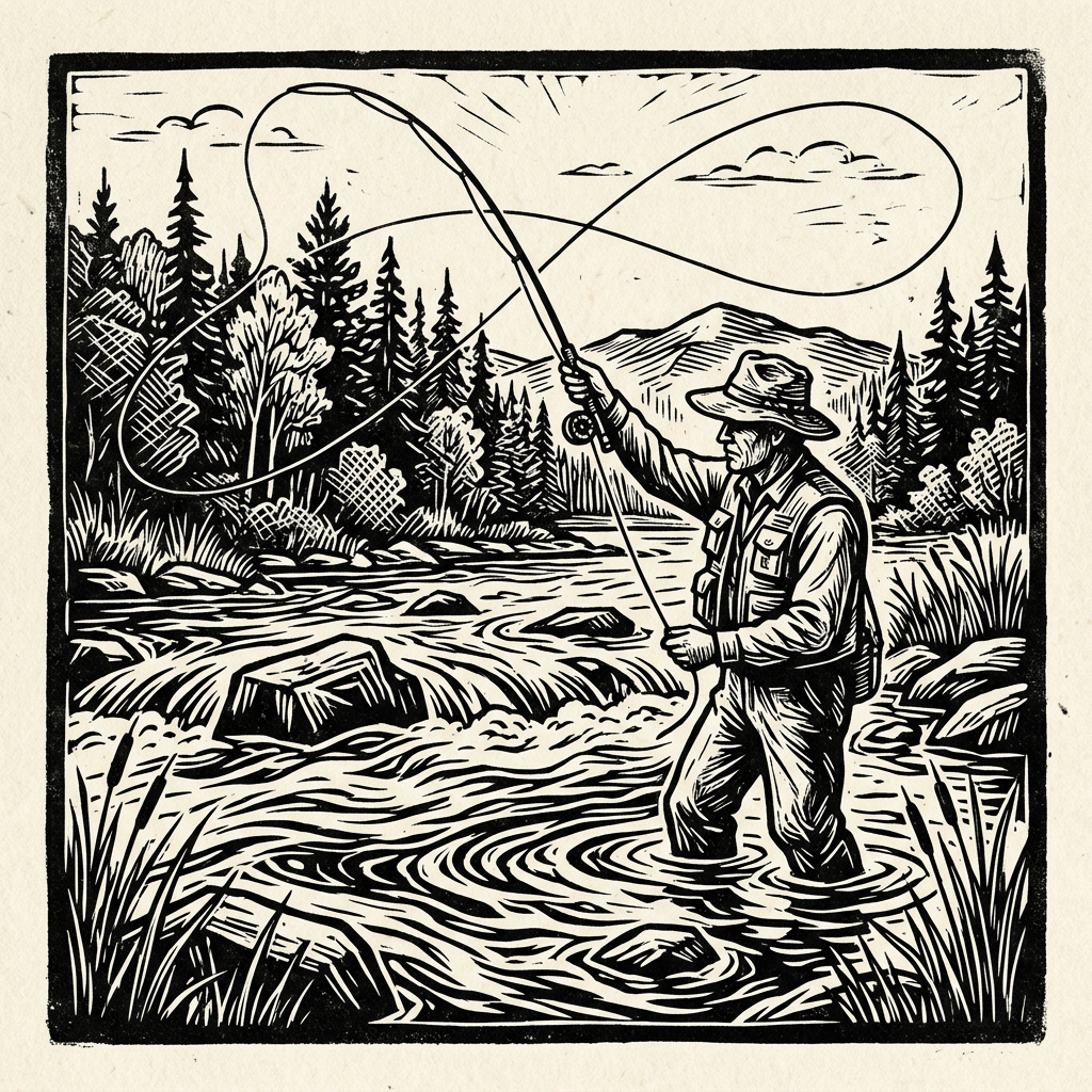 Man fly fishing in a river surrounded by trees and mountains
