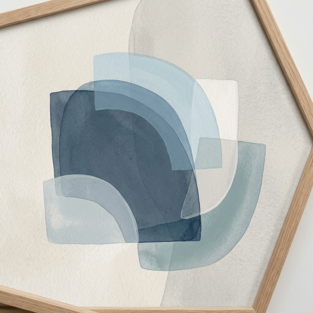 Overlapping blue and gray translucent geometric shapes in watercolor style