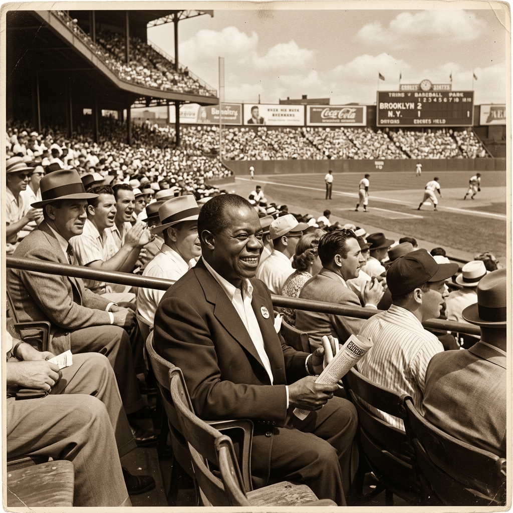 Diverse crowd of baseball fans seated at a stadium watching a Brooklyn Dodgers game