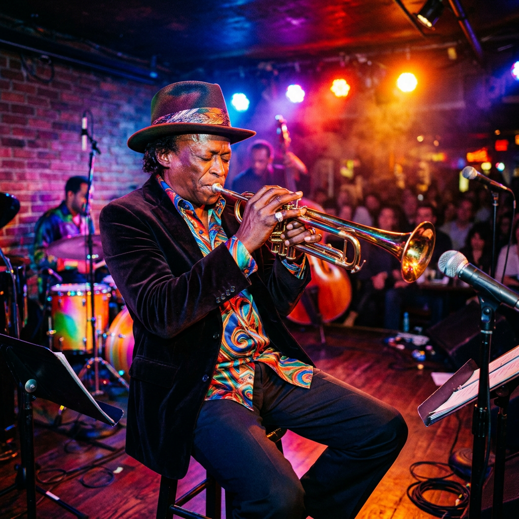 Trumpet player performing on stage with band at jazz club