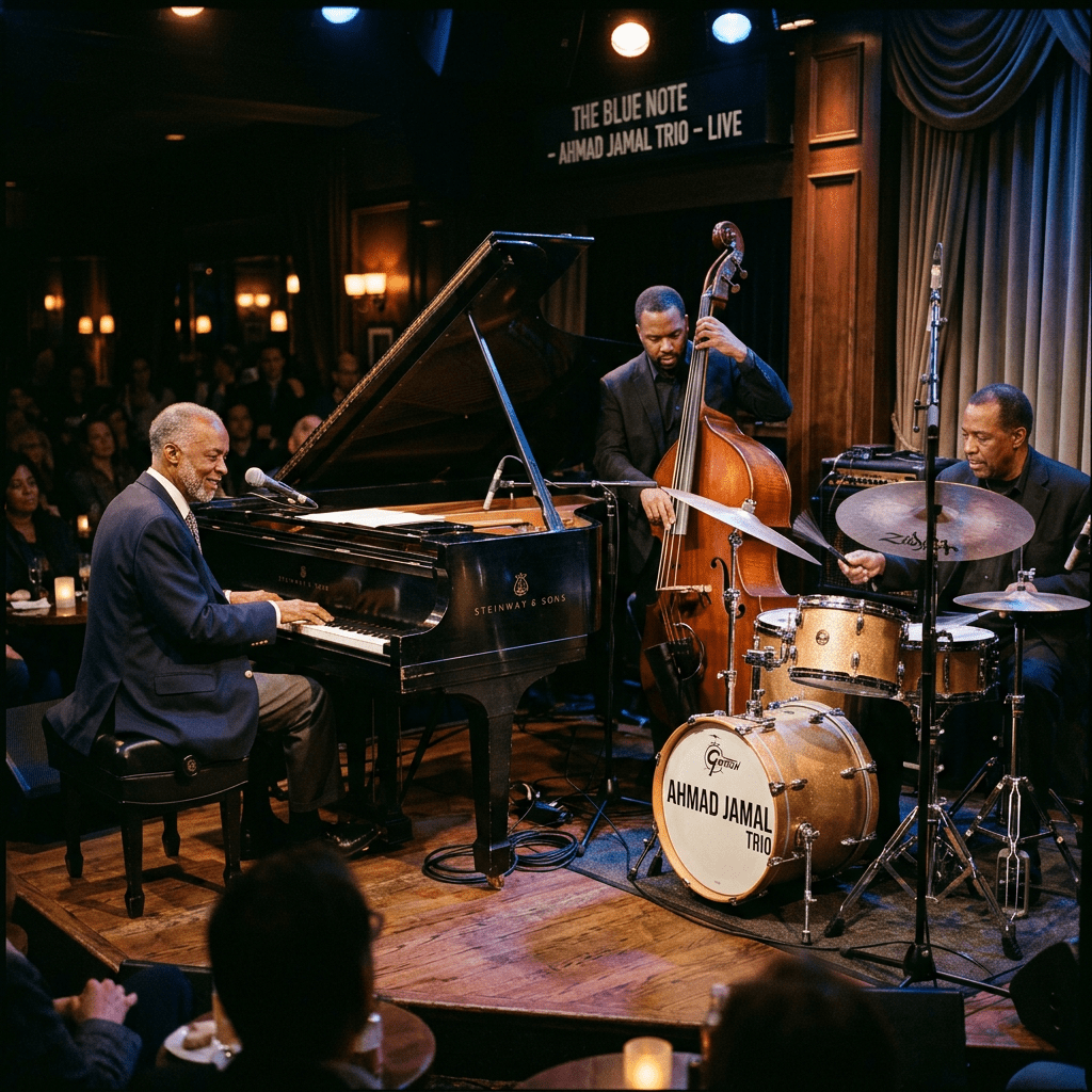 Ahmad Jamal playing piano with bassist and drummer performing live on stage at The Blue Note jazz club.