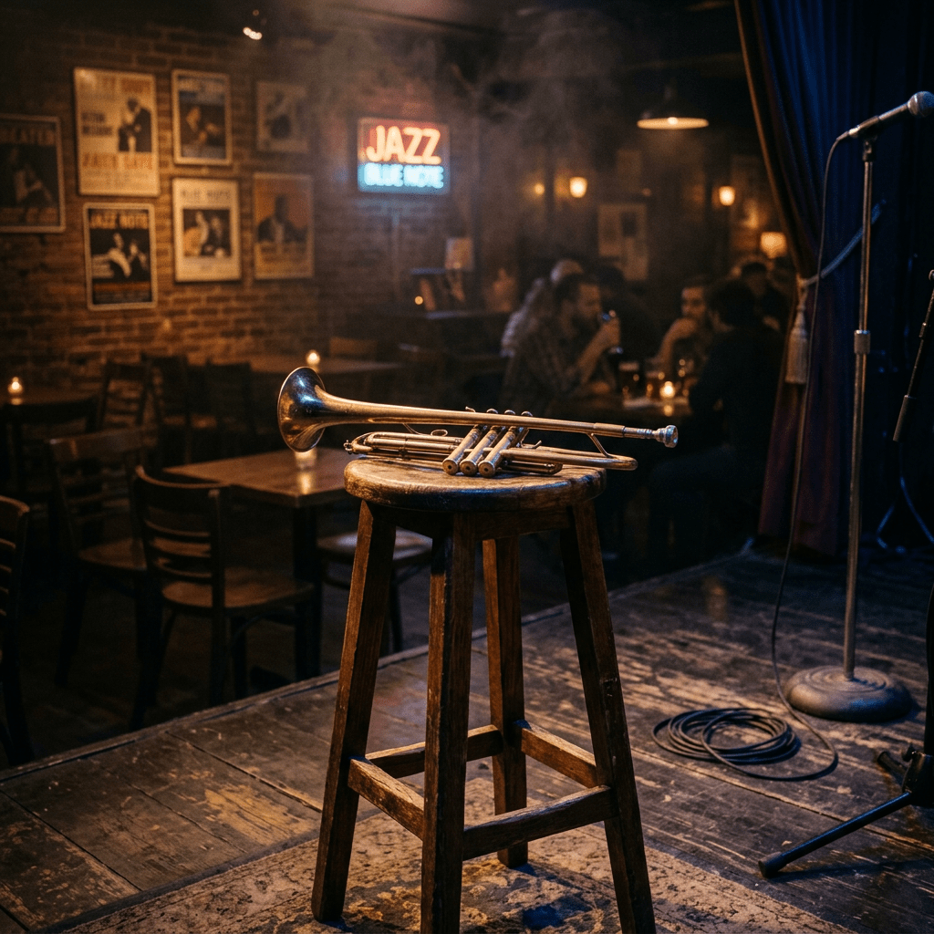 Trumpet on wooden stool on stage in dimly lit jazz club