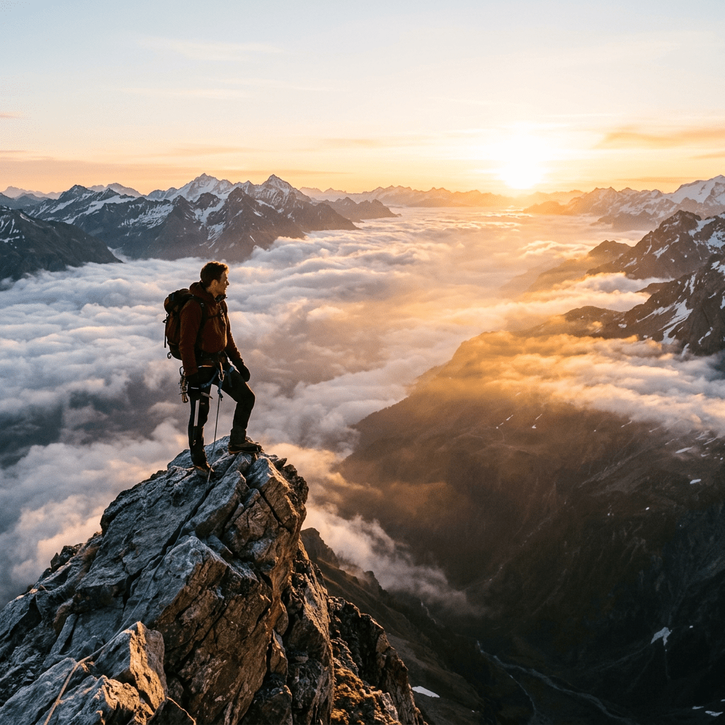Climber standing on rocky mountain peak overlooking clouds and distant mountains at sunset