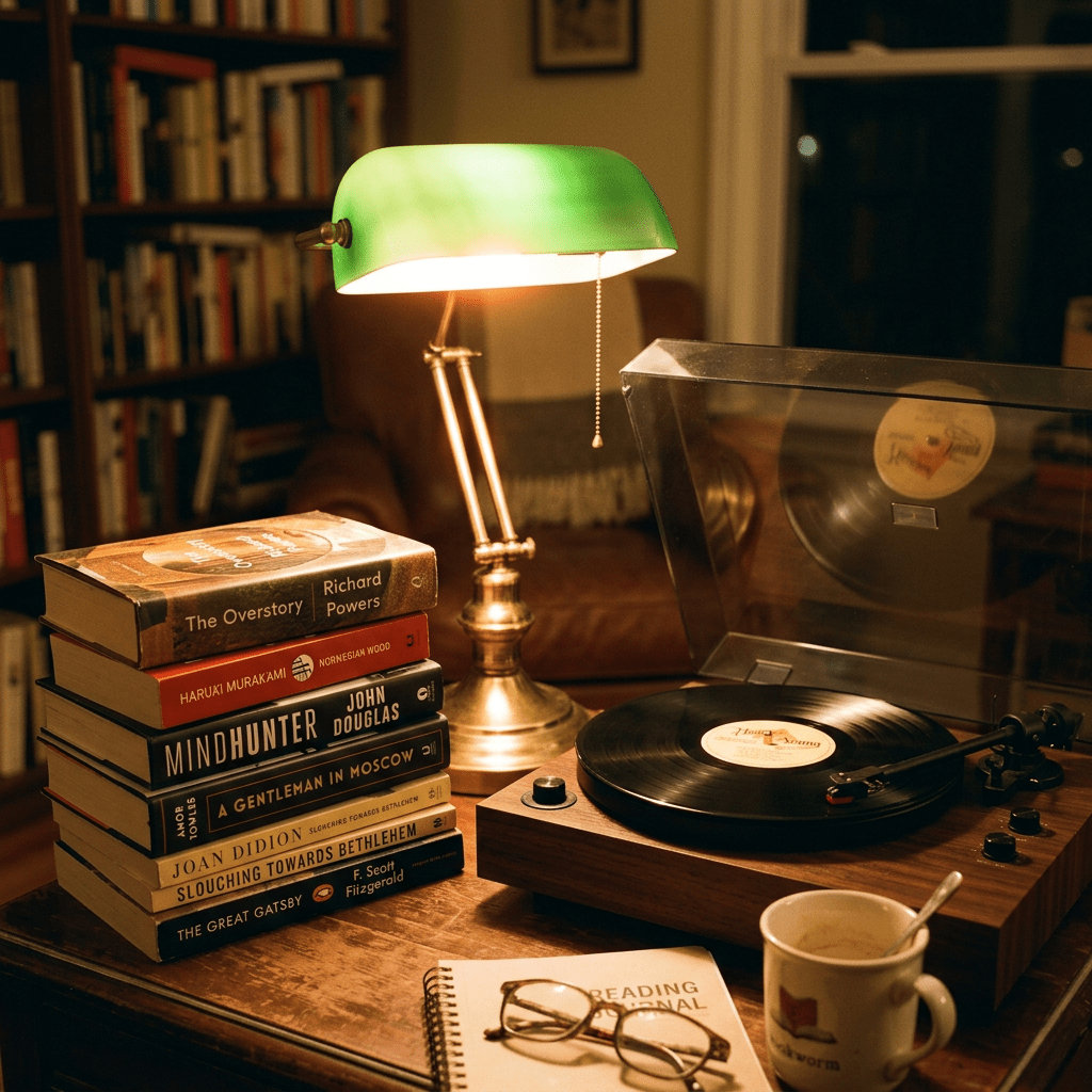 Stack of books beside a lit green desk lamp and vinyl record player