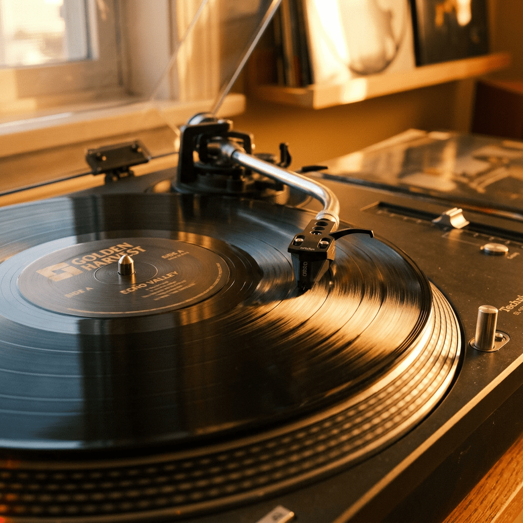 Vinyl record labeled Golden Harvest playing on a turntable with tonearm engaged
