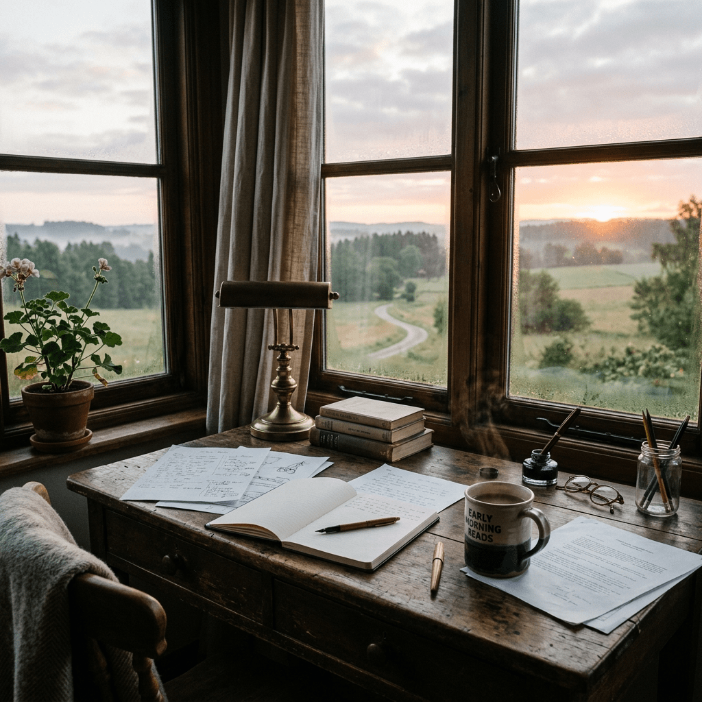 Wooden desk with open notebook, papers, coffee mug, and lamp by window showing sunrise over countryside